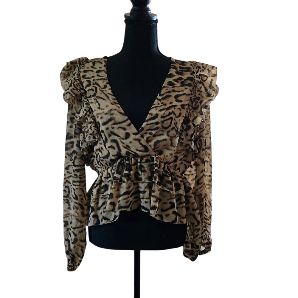 Express Leopard Print Ruffle Peplum Surplice Blouse Brown Black Medium M